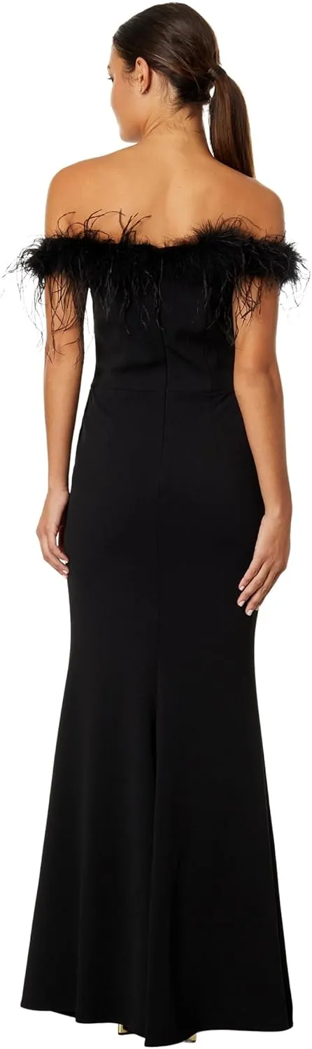 Xscape Off-The-Shoulder Long Scuba Crepe Feathers