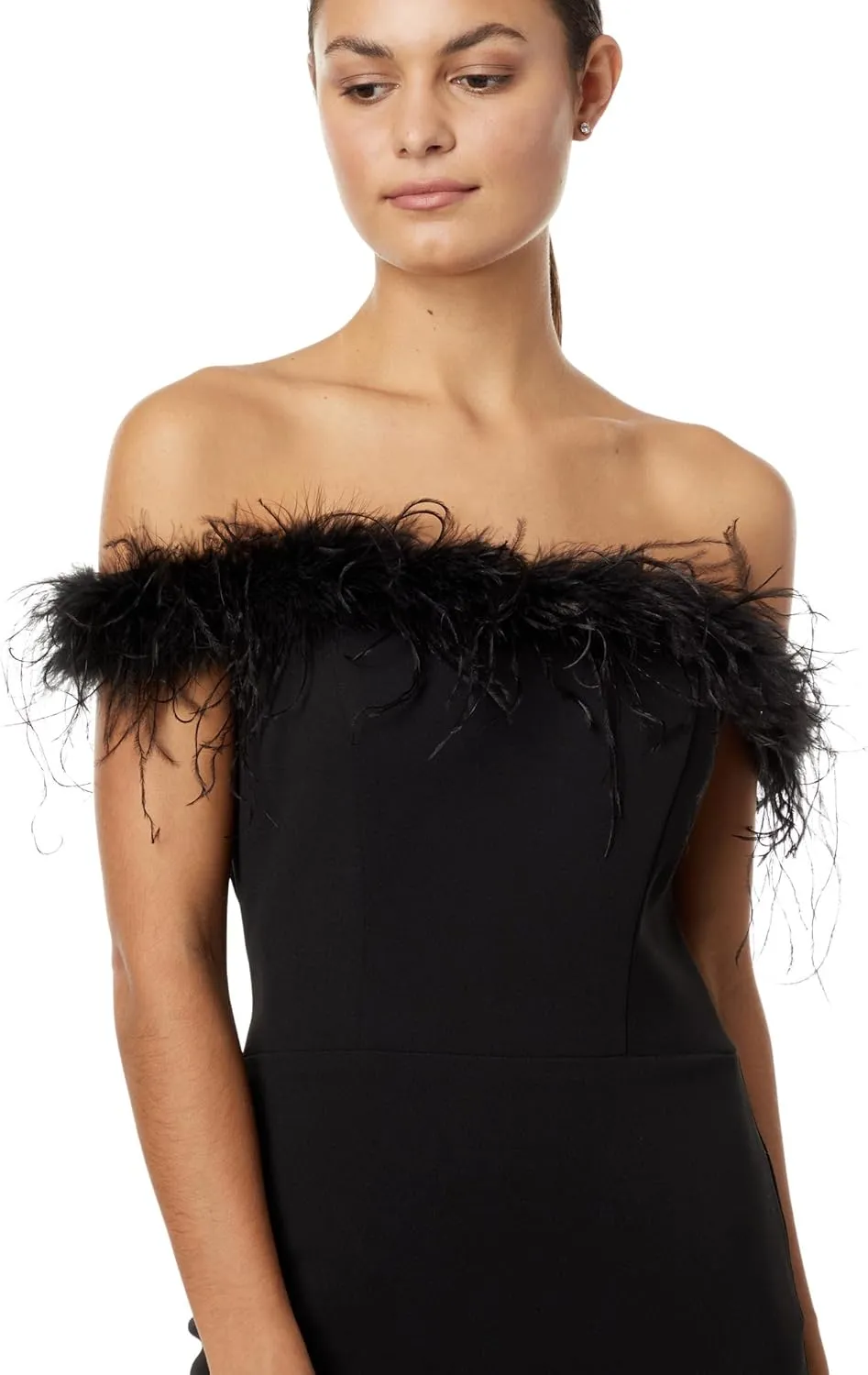 Xscape Off-The-Shoulder Long Scuba Crepe Feathers