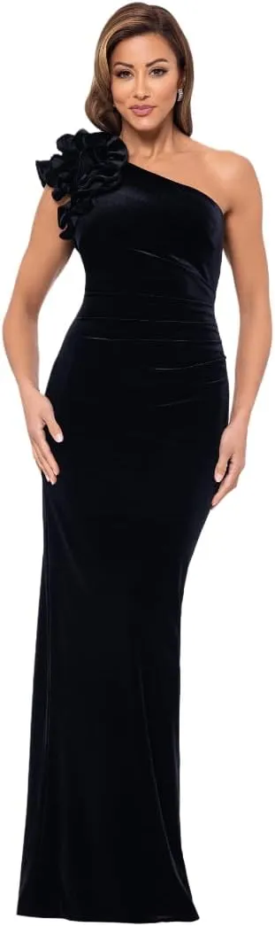 Xscape Women's Long One Velvet Dress with Ruffle Shoulder and Center Back Zipper