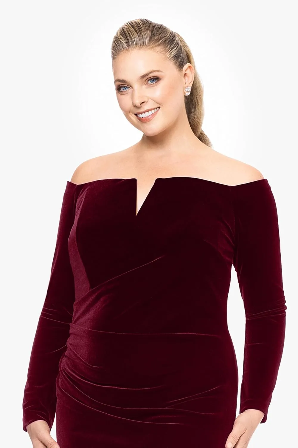 Xscape Women's Plus-Size Off-The-Shoulder Velvet Long Sleeve Maxi Dress with V-bar Neckline and Center Back Zipper