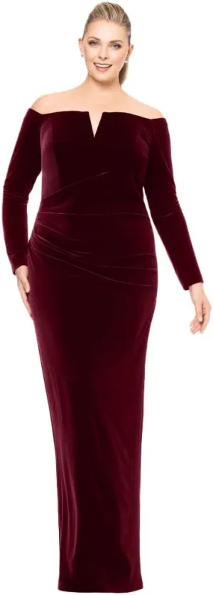 Xscape Women's Plus-Size Off-The-Shoulder Velvet Long Sleeve Maxi Dress with V-bar Neckline and Center Back Zipper