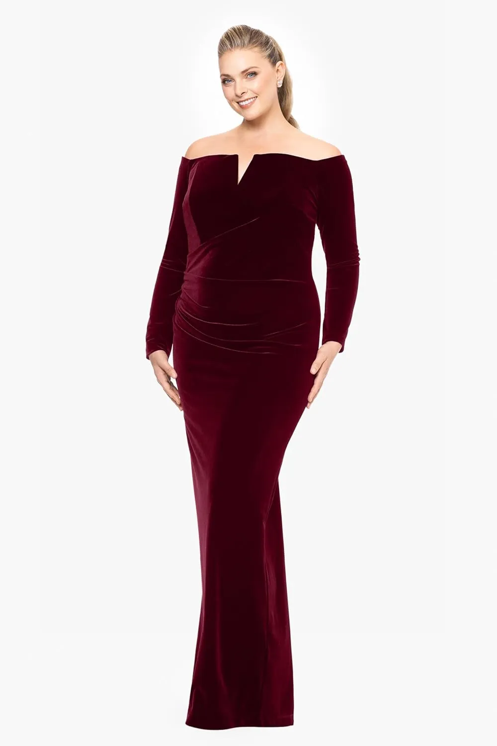 Xscape Women's Plus-Size Off-The-Shoulder Velvet Long Sleeve Maxi Dress with V-bar Neckline and Center Back Zipper