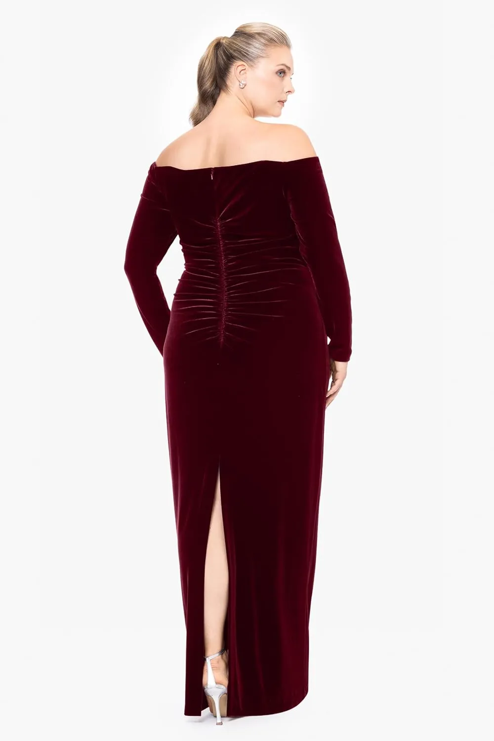 Xscape Women's Plus-Size Off-The-Shoulder Velvet Long Sleeve Maxi Dress with V-bar Neckline and Center Back Zipper