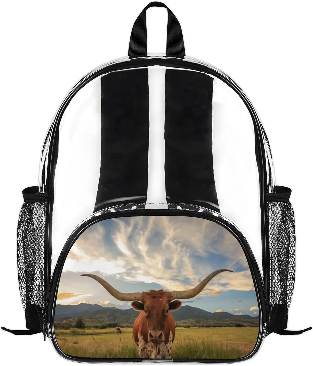 Yzrwebo Texas Longhorn Steer Small Clear Backpack Longhorn Steer Stadium Approved Heavy Duty Transparent Backpack See Through Backpacks PVC Clear Bag for Work Travel Events Concert Security, 14 inch