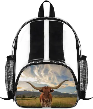 Yzrwebo Texas Longhorn Steer Small Clear Backpack Longhorn Steer Stadium Approved Heavy Duty Transparent Backpack See Through Backpacks PVC Clear Bag for Work Travel Events Concert Security, 14 inch