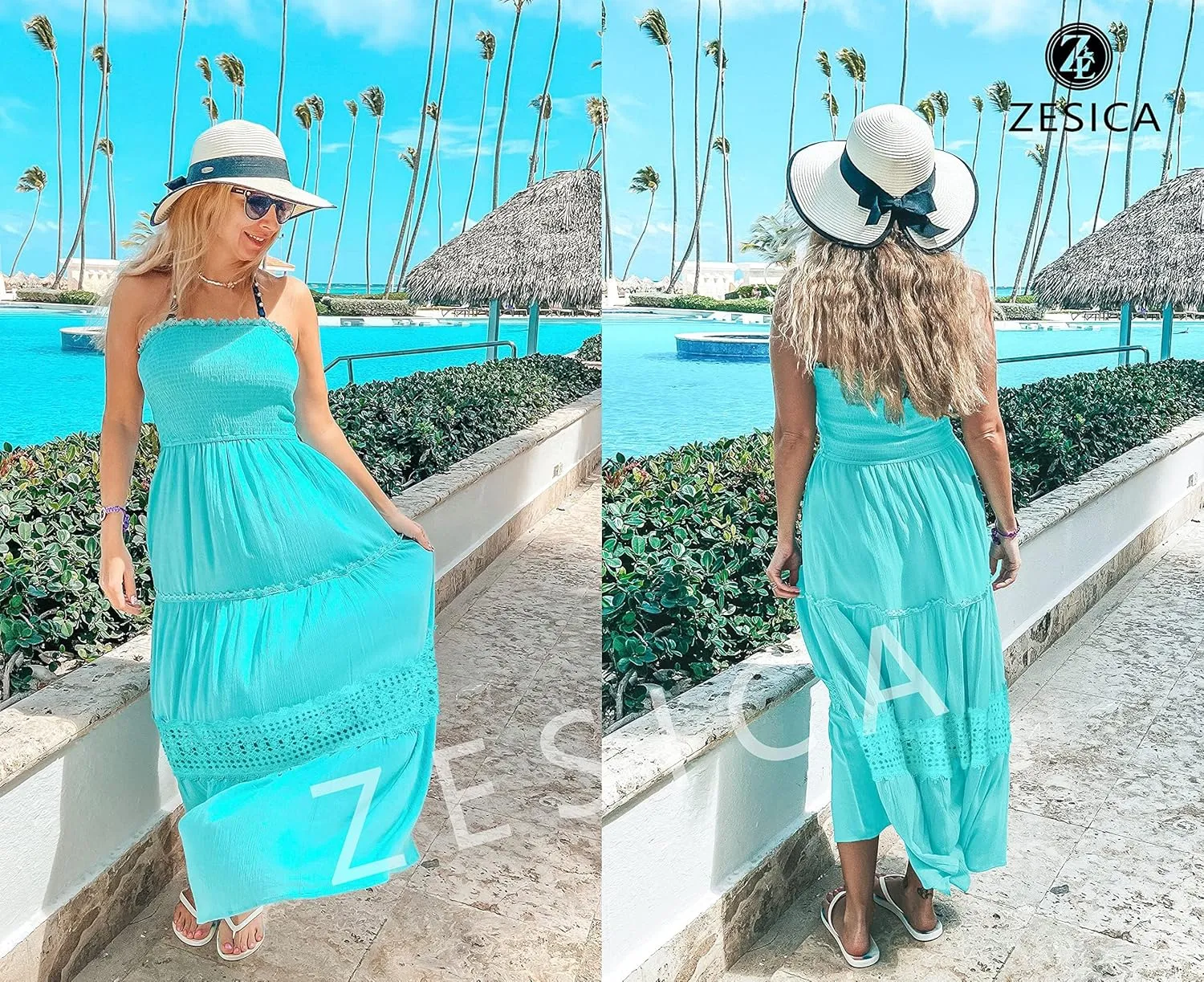 ZESICA Women's 2025 Summer Bohemian Strapless Off Shoulder Lace Trim Backless Flowy A Line Beach Long Maxi Dress