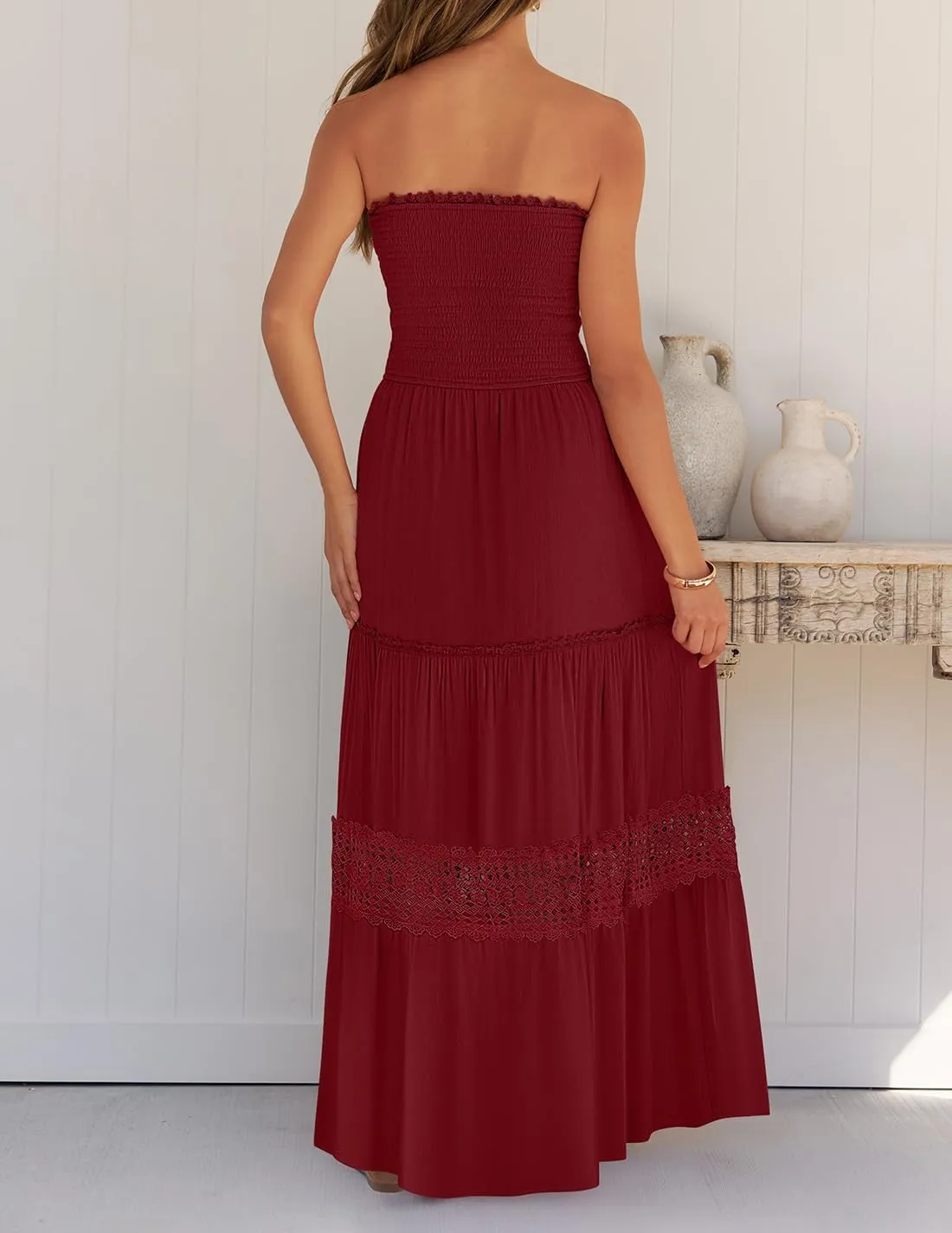 ZESICA Women's 2025 Summer Bohemian Strapless Off Shoulder Lace Trim Backless Flowy A Line Beach Long Maxi Dress