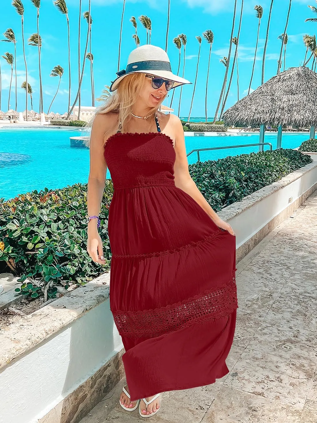 ZESICA Women's 2025 Summer Bohemian Strapless Off Shoulder Lace Trim Backless Flowy A Line Beach Long Maxi Dress