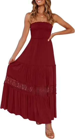 ZESICA Women's 2025 Summer Bohemian Strapless Off Shoulder Lace Trim Backless Flowy A Line Beach Long Maxi Dress