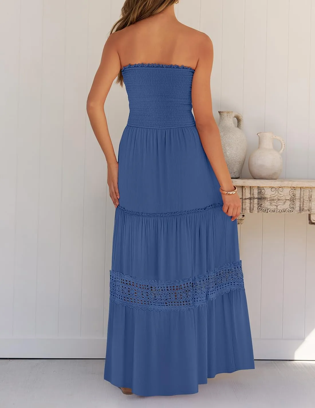 ZESICA Women's 2025 Summer Bohemian Strapless Off Shoulder Lace Trim Backless Flowy A Line Beach Long Maxi Dress