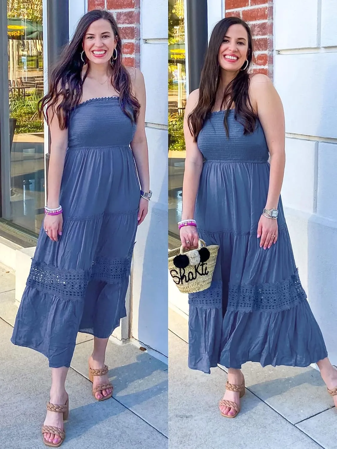 ZESICA Women's 2025 Summer Bohemian Strapless Off Shoulder Lace Trim Backless Flowy A Line Beach Long Maxi Dress