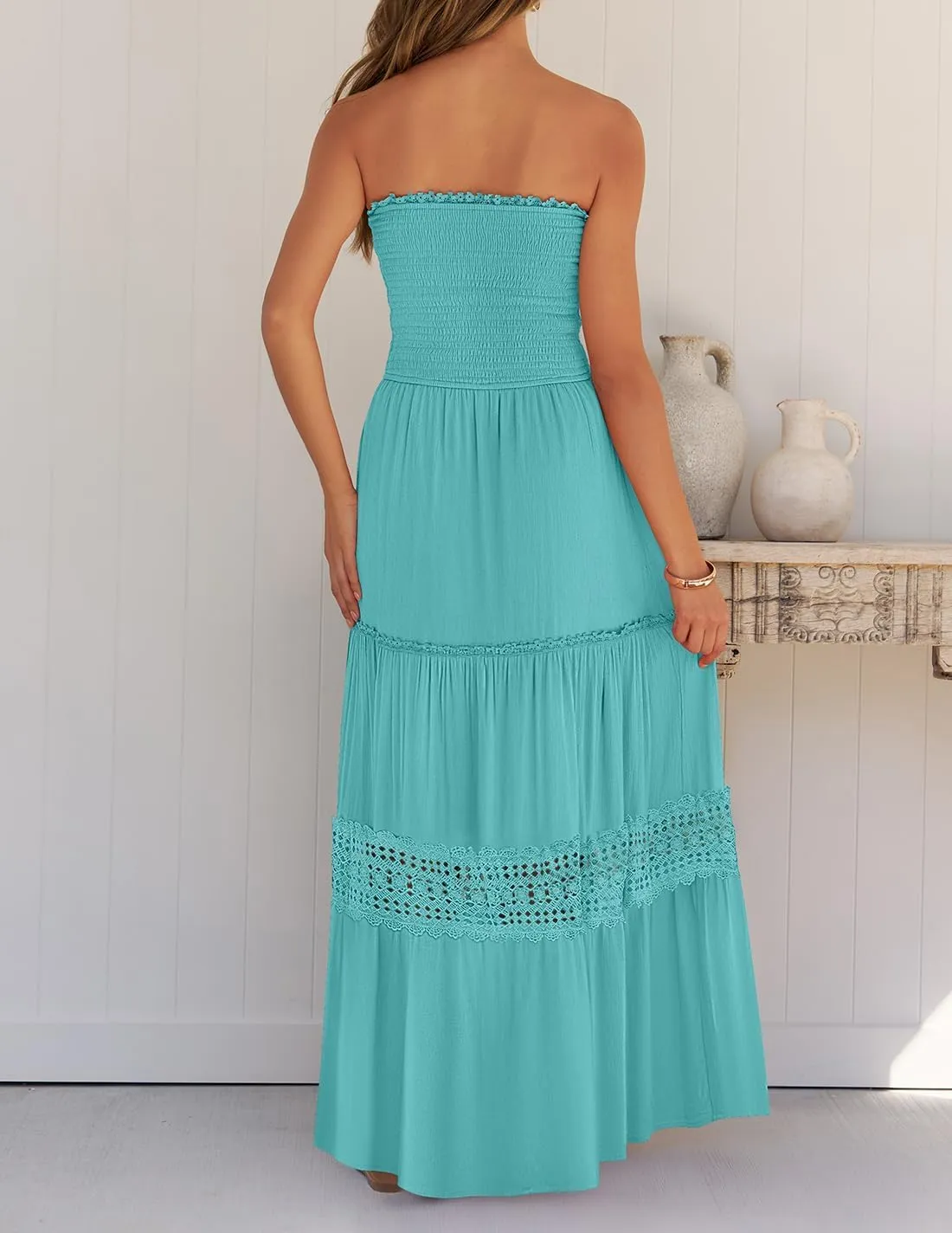 ZESICA Women's 2025 Summer Bohemian Strapless Off Shoulder Lace Trim Backless Flowy A Line Beach Long Maxi Dress
