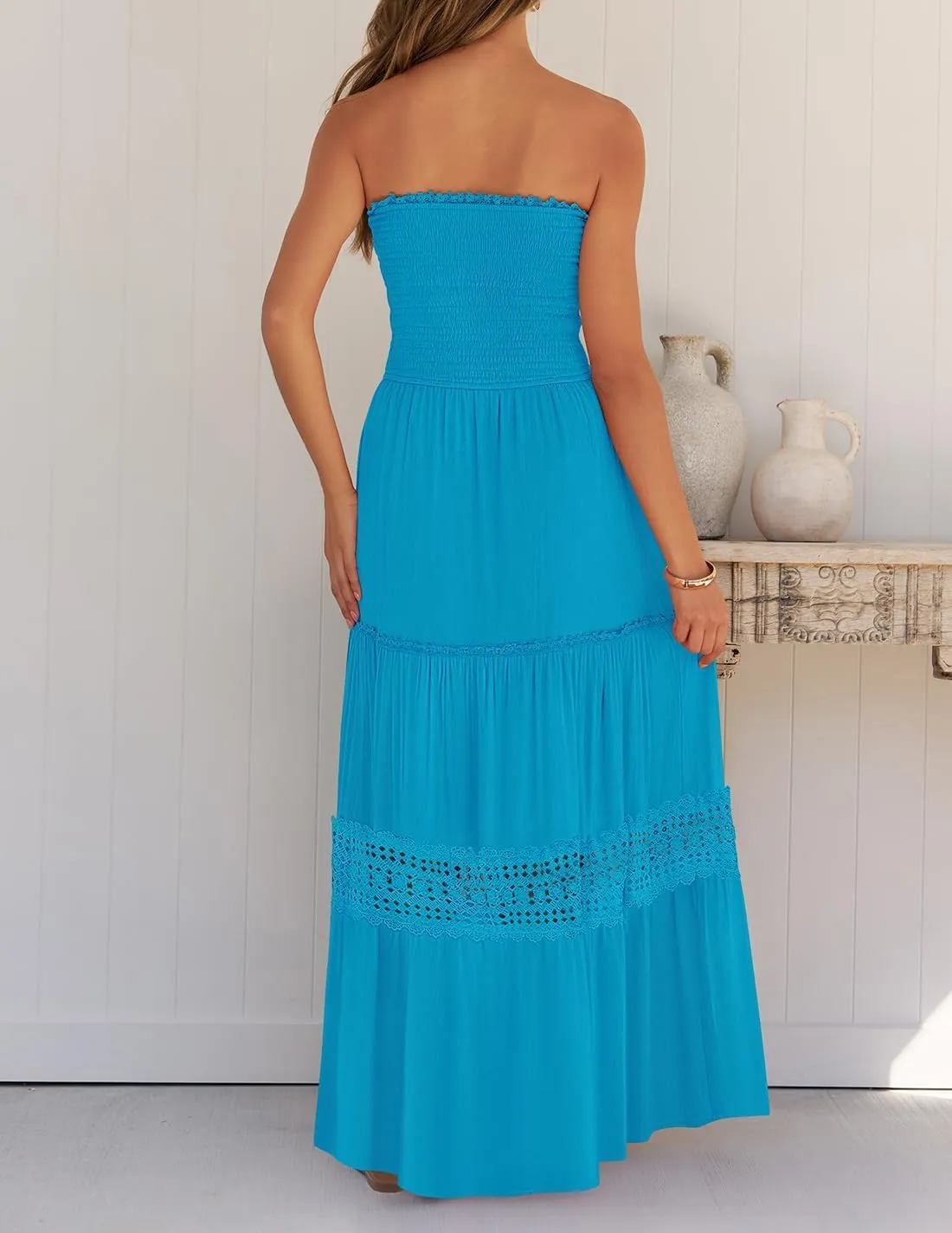 ZESICA Women's 2025 Summer Bohemian Strapless Off Shoulder Lace Trim Backless Flowy A Line Beach Long Maxi Dress