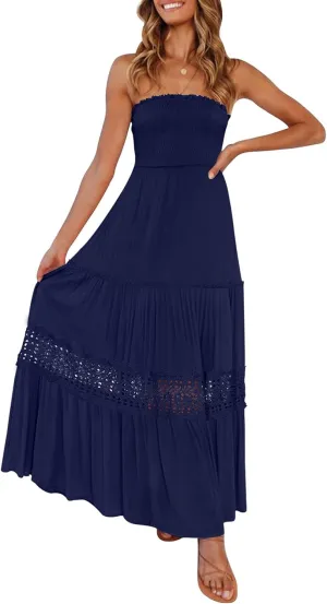 ZESICA Women's 2025 Summer Bohemian Strapless Off Shoulder Lace Trim Backless Flowy A Line Beach Long Maxi Dress