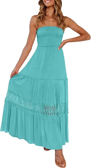 ZESICA Women's 2025 Summer Bohemian Strapless Off Shoulder Lace Trim Backless Flowy A Line Beach Long Maxi Dress