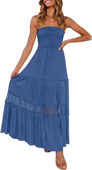 ZESICA Women's 2025 Summer Bohemian Strapless Off Shoulder Lace Trim Backless Flowy A Line Beach Long Maxi Dress