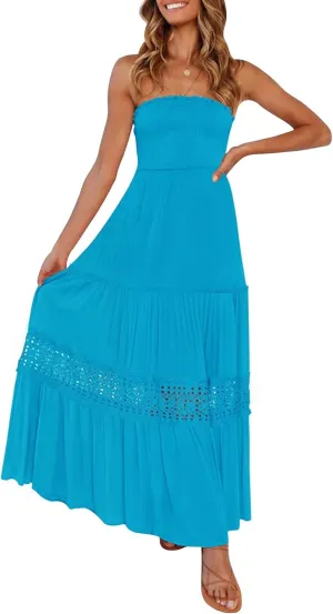 ZESICA Women's 2025 Summer Bohemian Strapless Off Shoulder Lace Trim Backless Flowy A Line Beach Long Maxi Dress