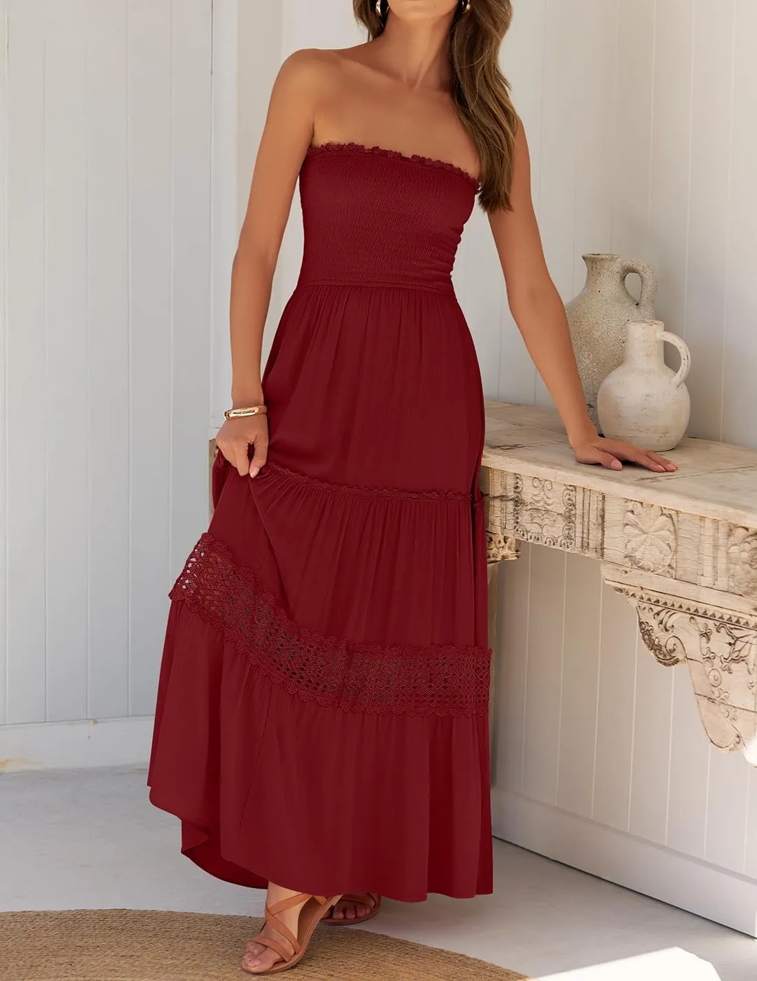 ZESICA Women's 2025 Summer Bohemian Strapless Off Shoulder Lace Trim Backless Flowy A Line Beach Long Maxi Dress