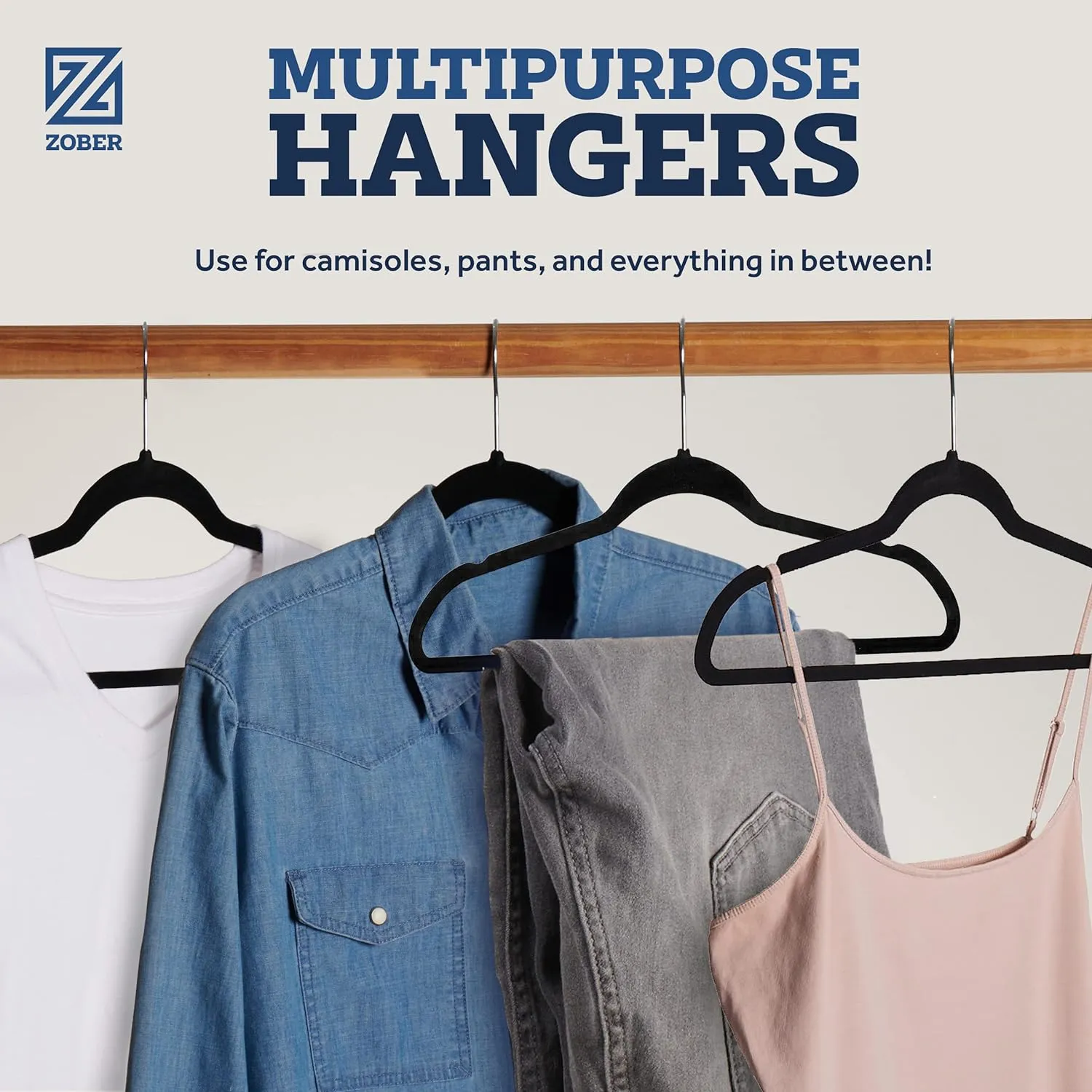 Zober Velvet Hangers 50 Pack - Black for Coats, Pants & Dress Clothes - Non Slip w/ 360 Degree Swivel, Holds up to 10 lbs - Strong Felt Hangers for Clothing