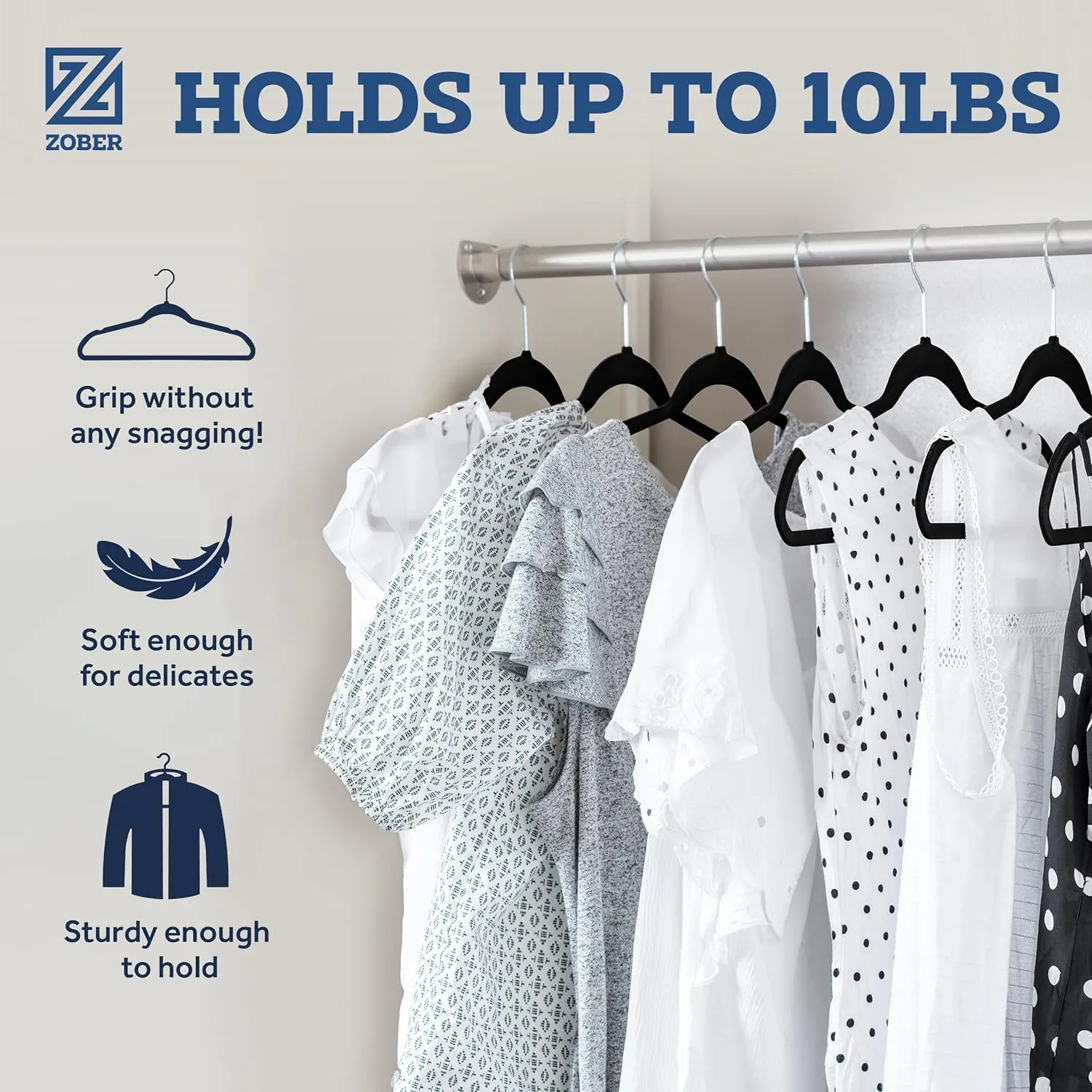 Zober Velvet Hangers 50 Pack - Black for Coats, Pants & Dress Clothes - Non Slip w/ 360 Degree Swivel, Holds up to 10 lbs - Strong Felt Hangers for Clothing