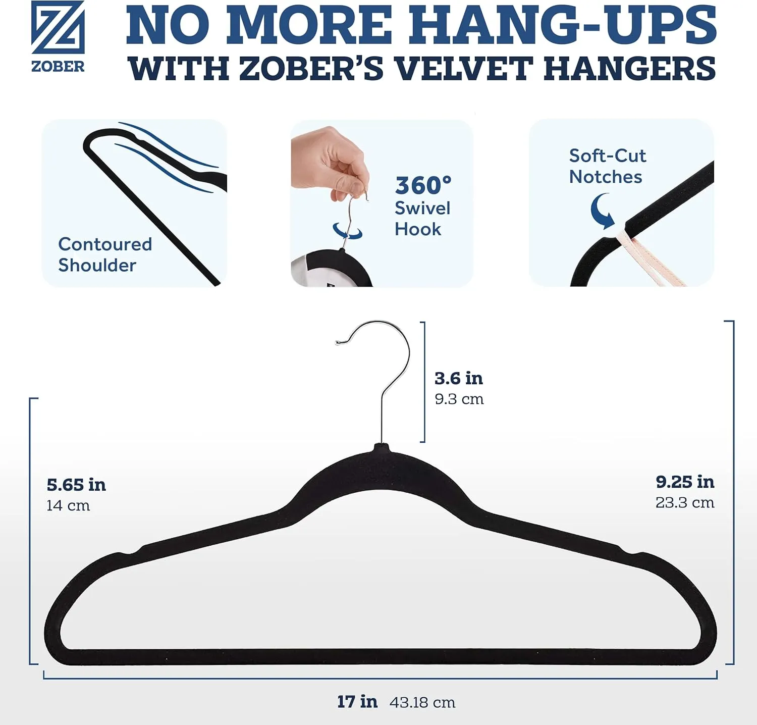 Zober Velvet Hangers 50 Pack - Black for Coats, Pants & Dress Clothes - Non Slip w/ 360 Degree Swivel, Holds up to 10 lbs - Strong Felt Hangers for Clothing