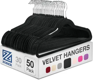 Zober Velvet Hangers 50 Pack - Heavy Duty Black Hangers for Coats, Pants & Dress Clothes - Non Slip Clothes Hanger Set - Space Saving Felt Hangers for Clothing