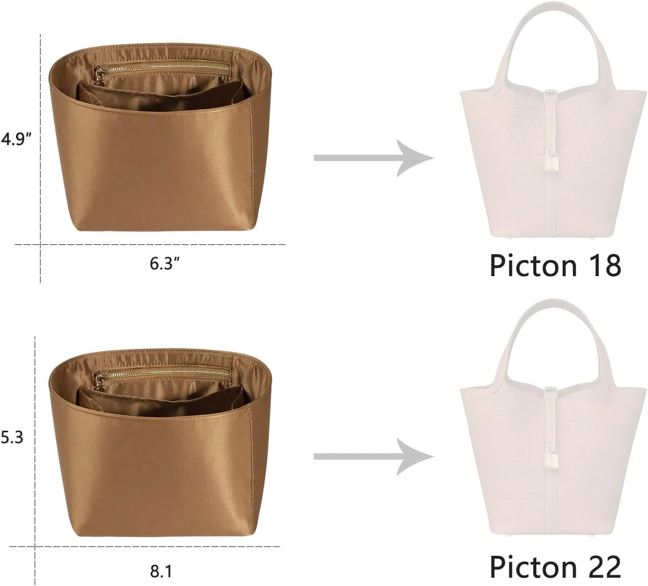 ZTUJO Picotin 18 Organizer Hermes, Picotin bag insert, Luxury Purse Organizer Insert Silky Smooth Fits picotin 22 Bags (Brown)